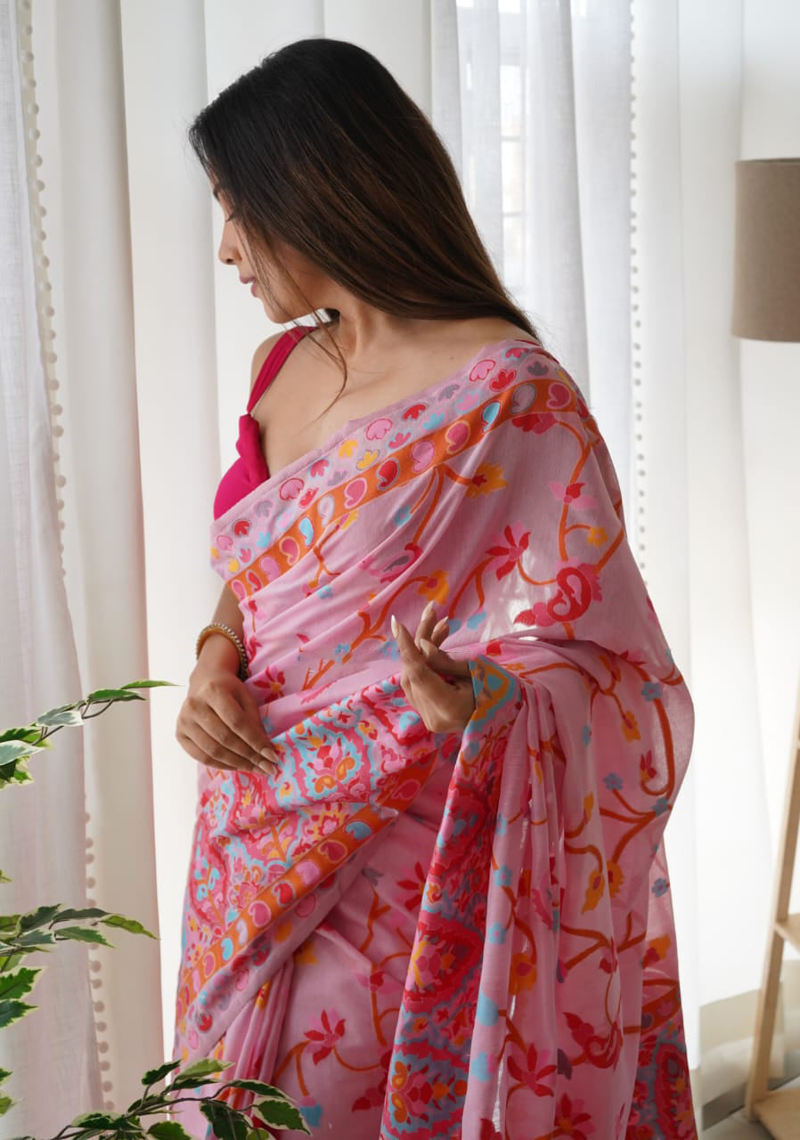 Effervescent Pink Pashmina saree With Prodigal Blouse Piece