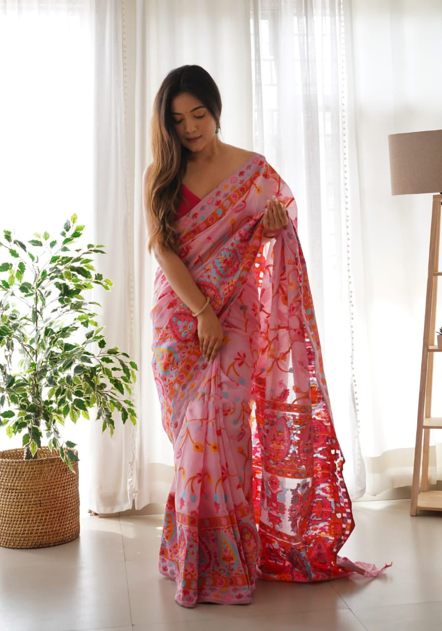 Effervescent Pink Pashmina saree With Prodigal Blouse Piece