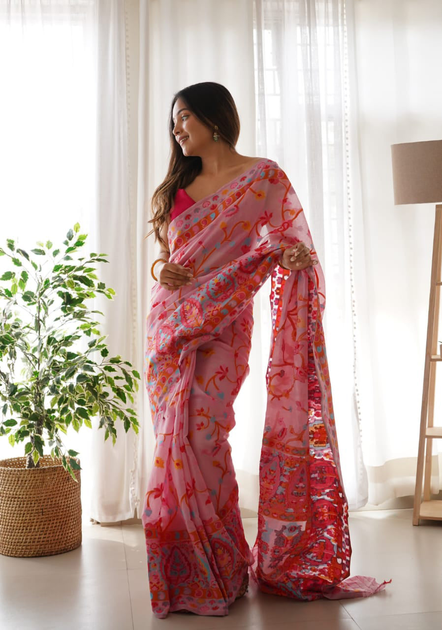 Effervescent Pink Pashmina saree With Prodigal Blouse Piece