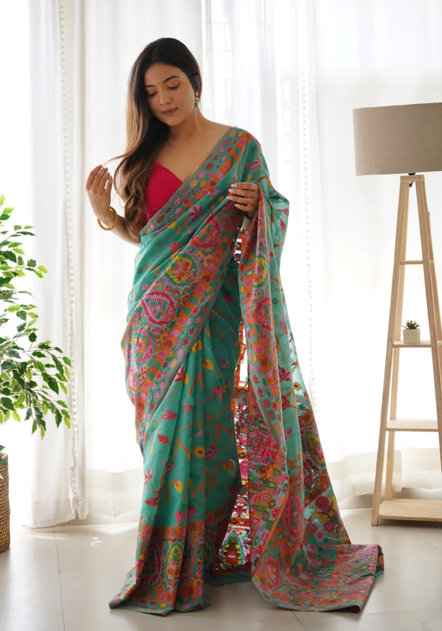 Desultory Rama Pashmina saree With Improbable Blouse Piece