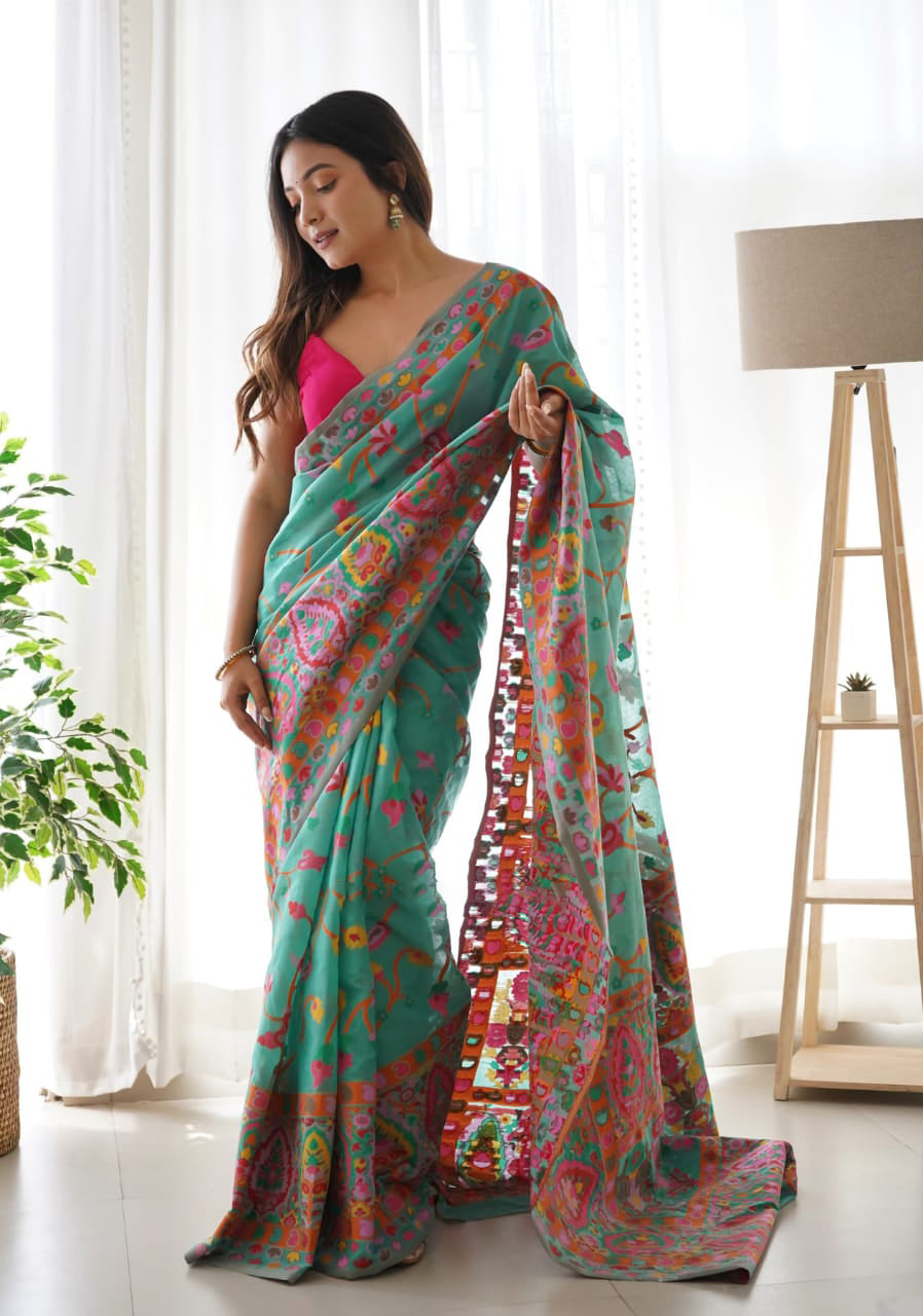 Desultory Rama Pashmina saree With Improbable Blouse Piece