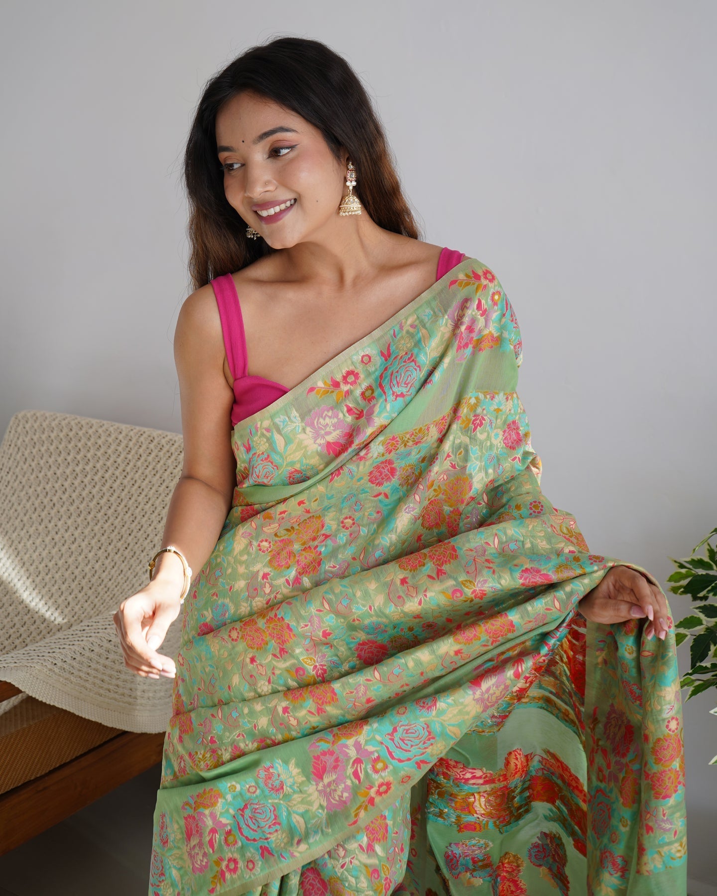 Bucolic Pista Pashmina saree With Profuse Blouse Piece