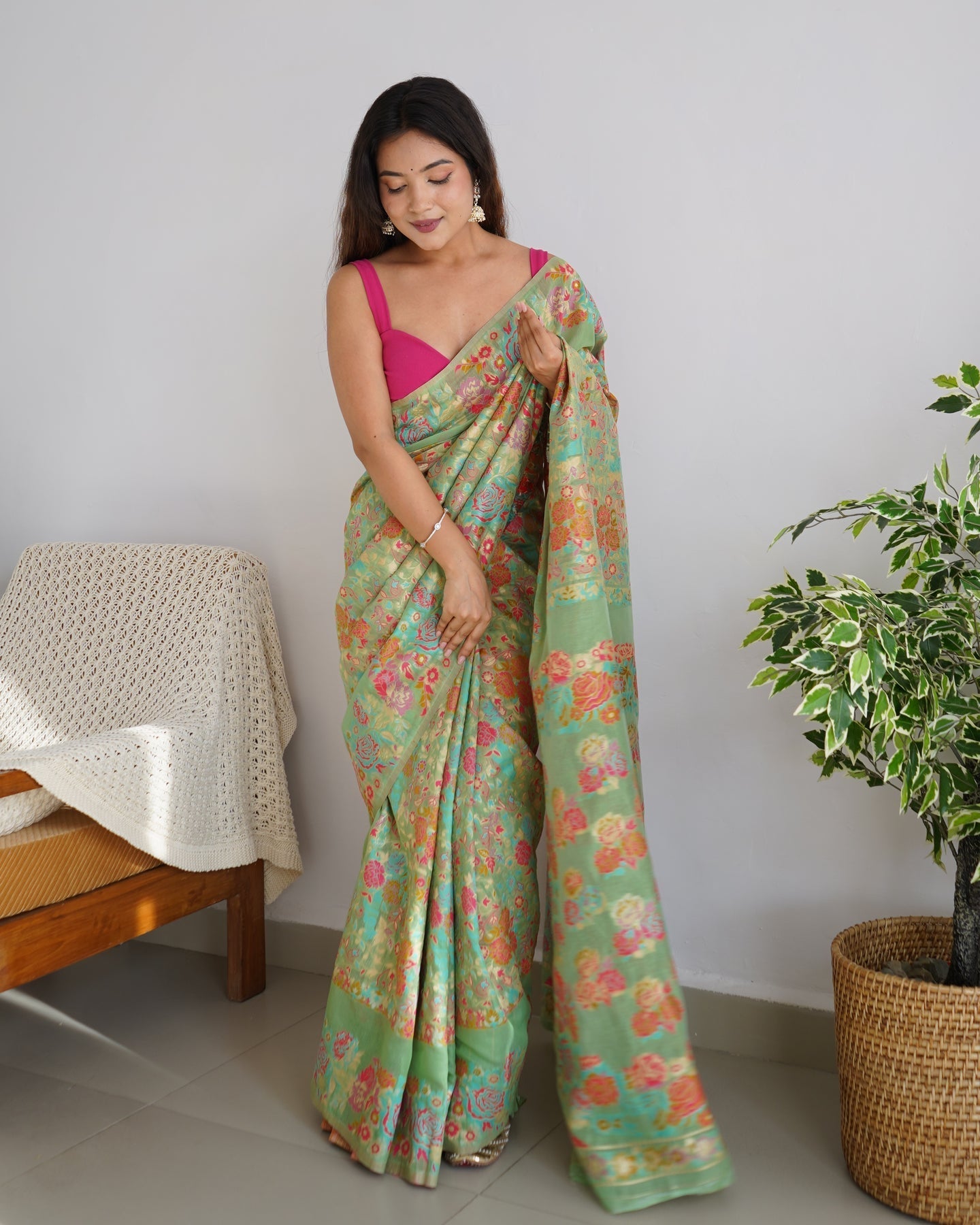 Bucolic Pista Pashmina saree With Profuse Blouse Piece