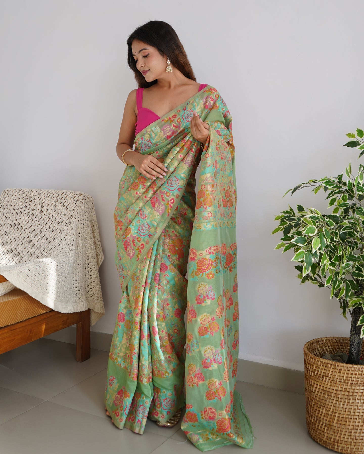 Bucolic Pista Pashmina saree With Profuse Blouse Piece