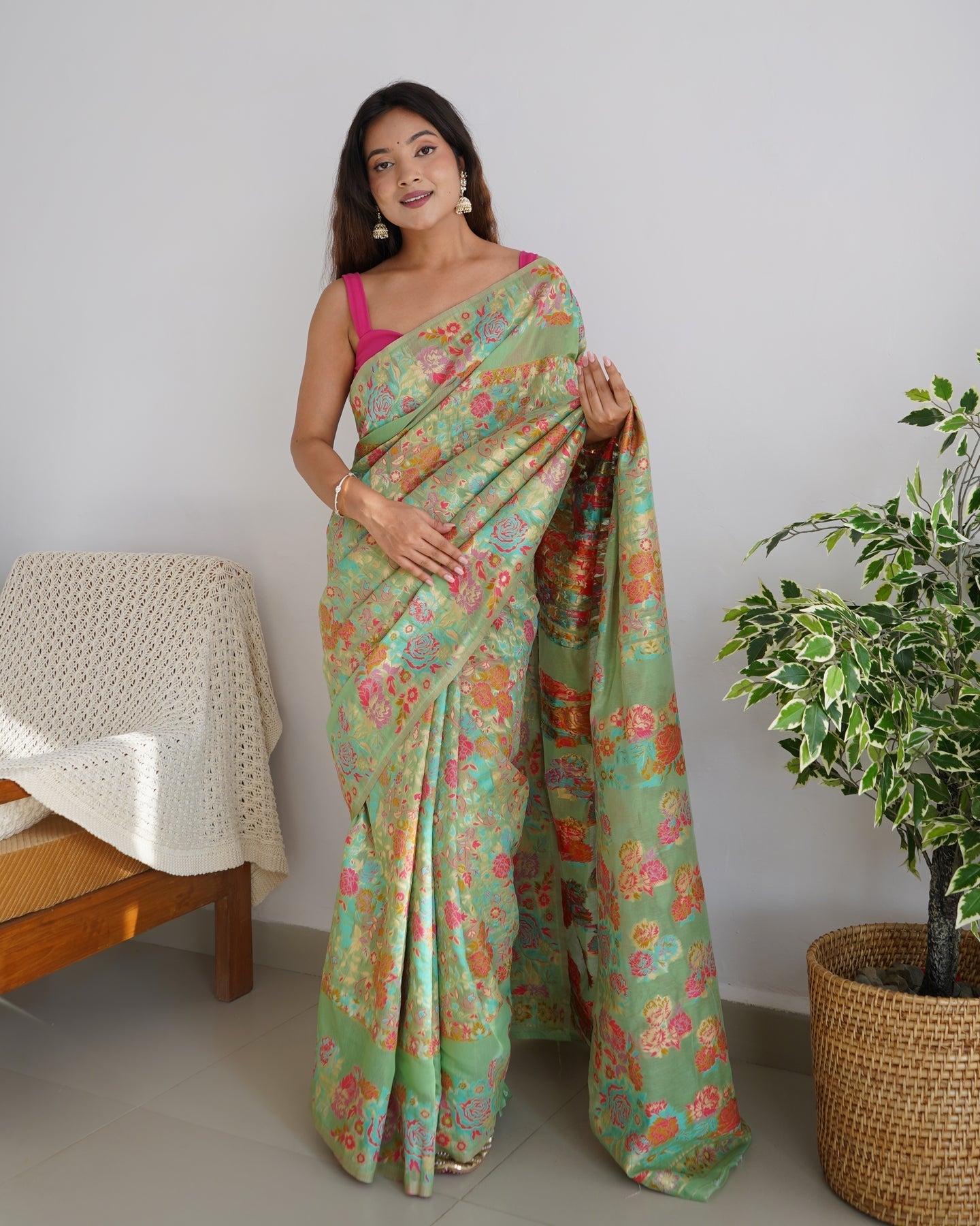 Bucolic Pista Pashmina saree With Profuse Blouse Piece