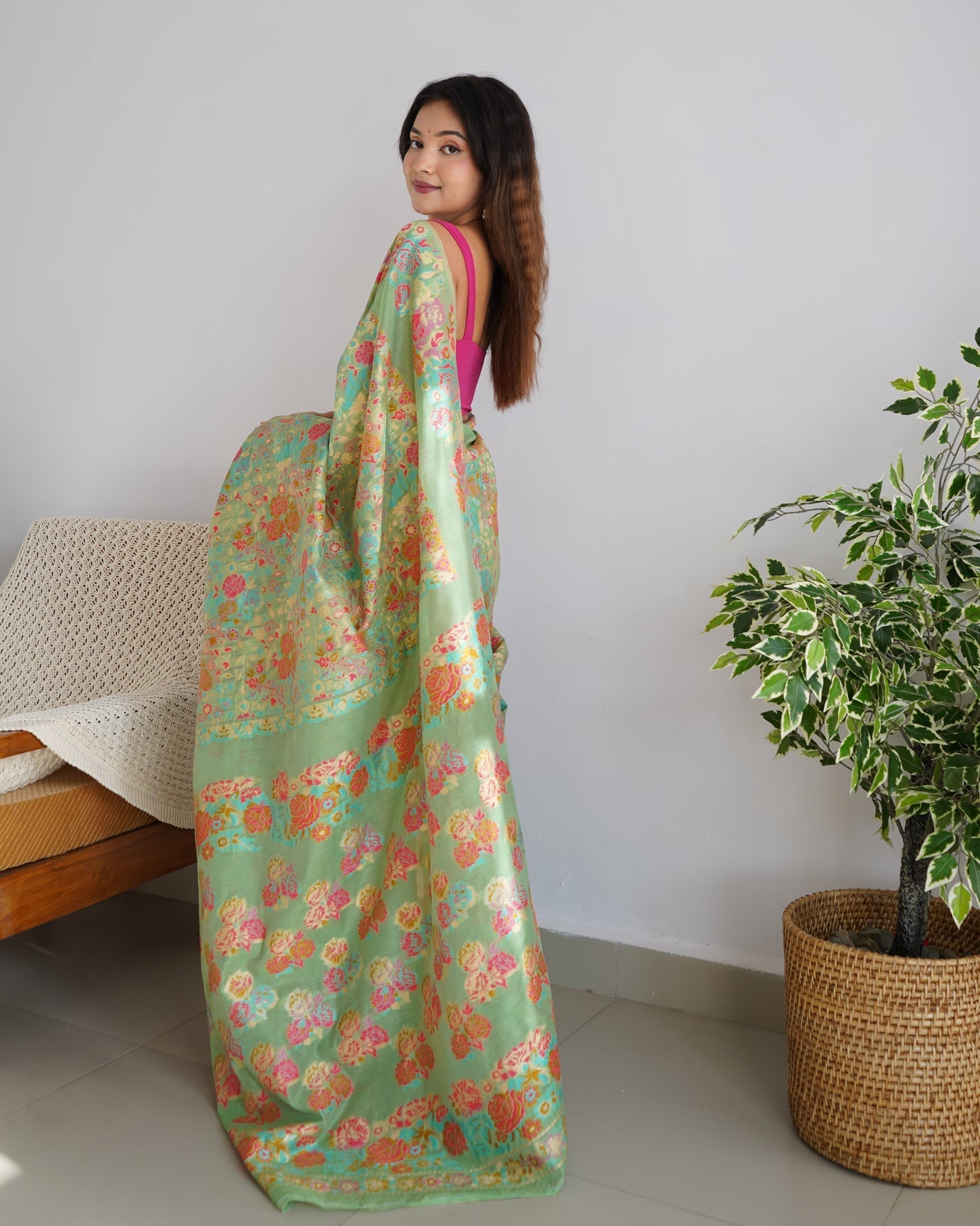 Bucolic Pista Pashmina saree With Profuse Blouse Piece