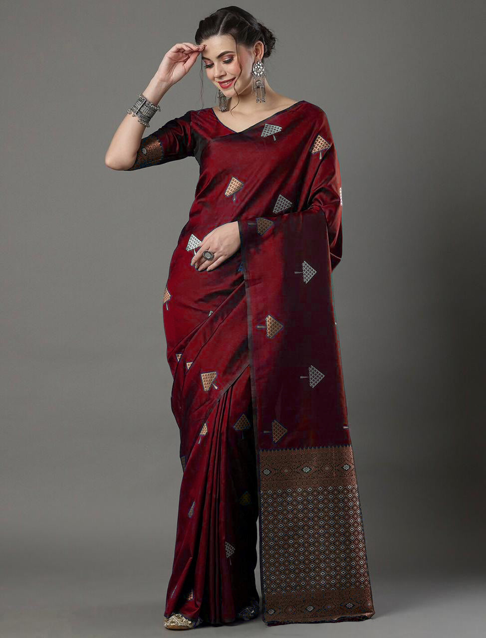 Eclat Maroon Soft Silk Saree With Felicitous Blouse Piece