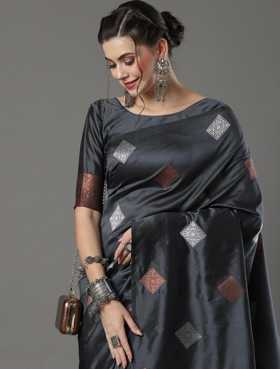 Lustrous Grey Soft Silk Saree With Splendiferous Blouse Piece