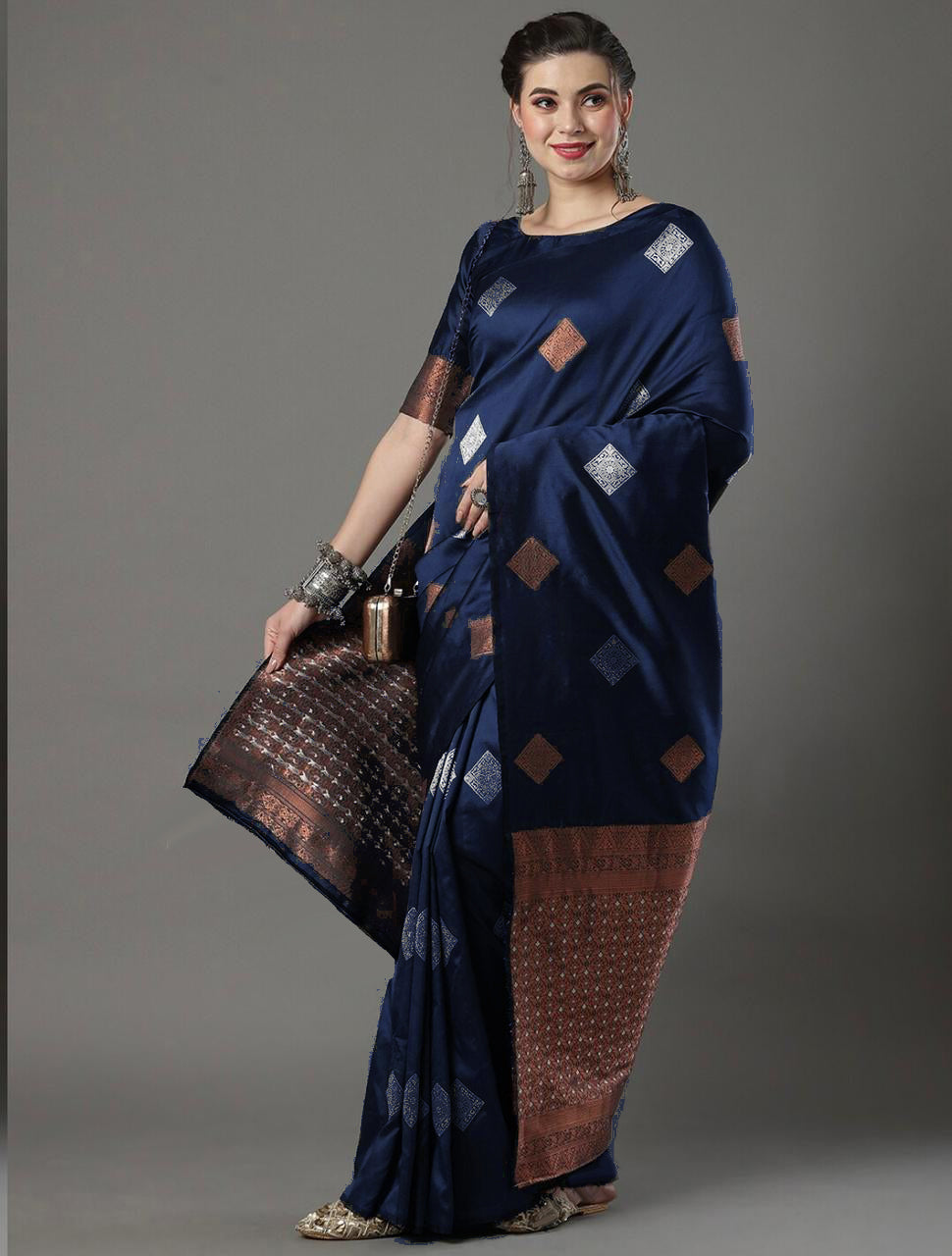 Zephyr Navy Blue Soft Silk Saree With Sempiternal Blouse Piece