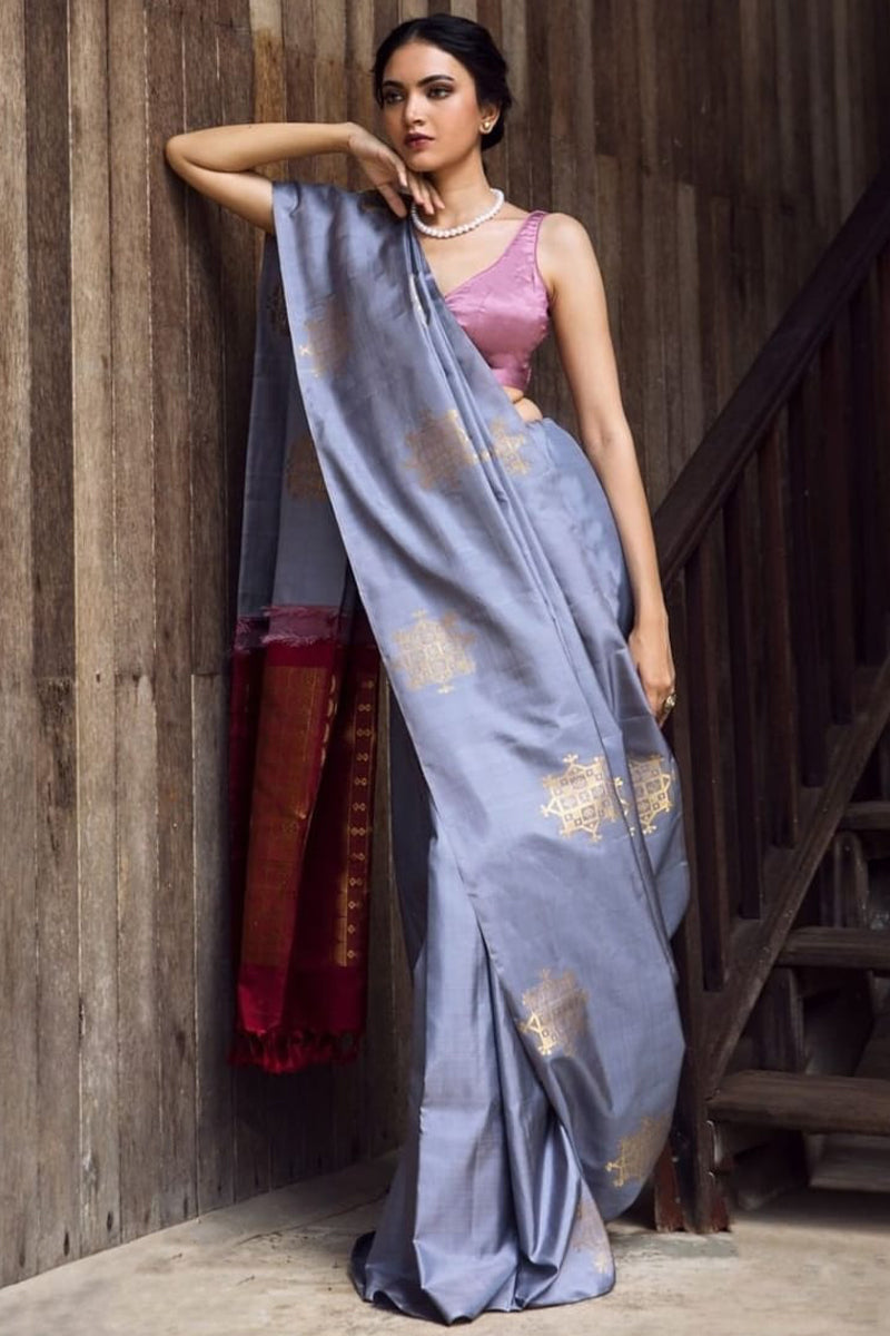 Winsome Grey Soft Silk Saree With Snappy Blouse Piece