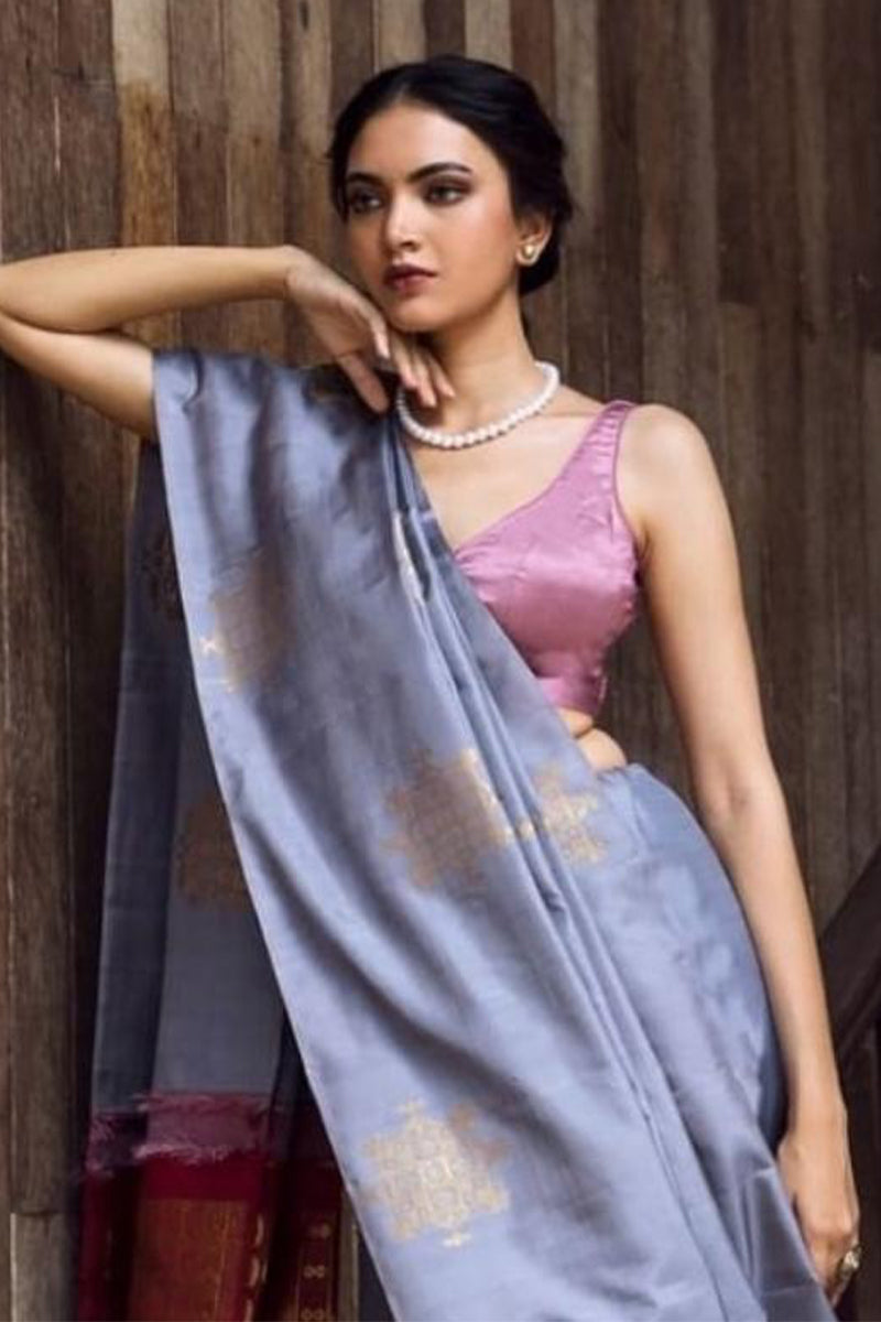 Winsome Grey Soft Silk Saree With Snappy Blouse Piece