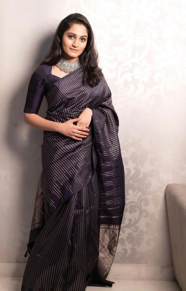 Ephemeral Black Soft Silk Saree With Evocative Blouse Piece