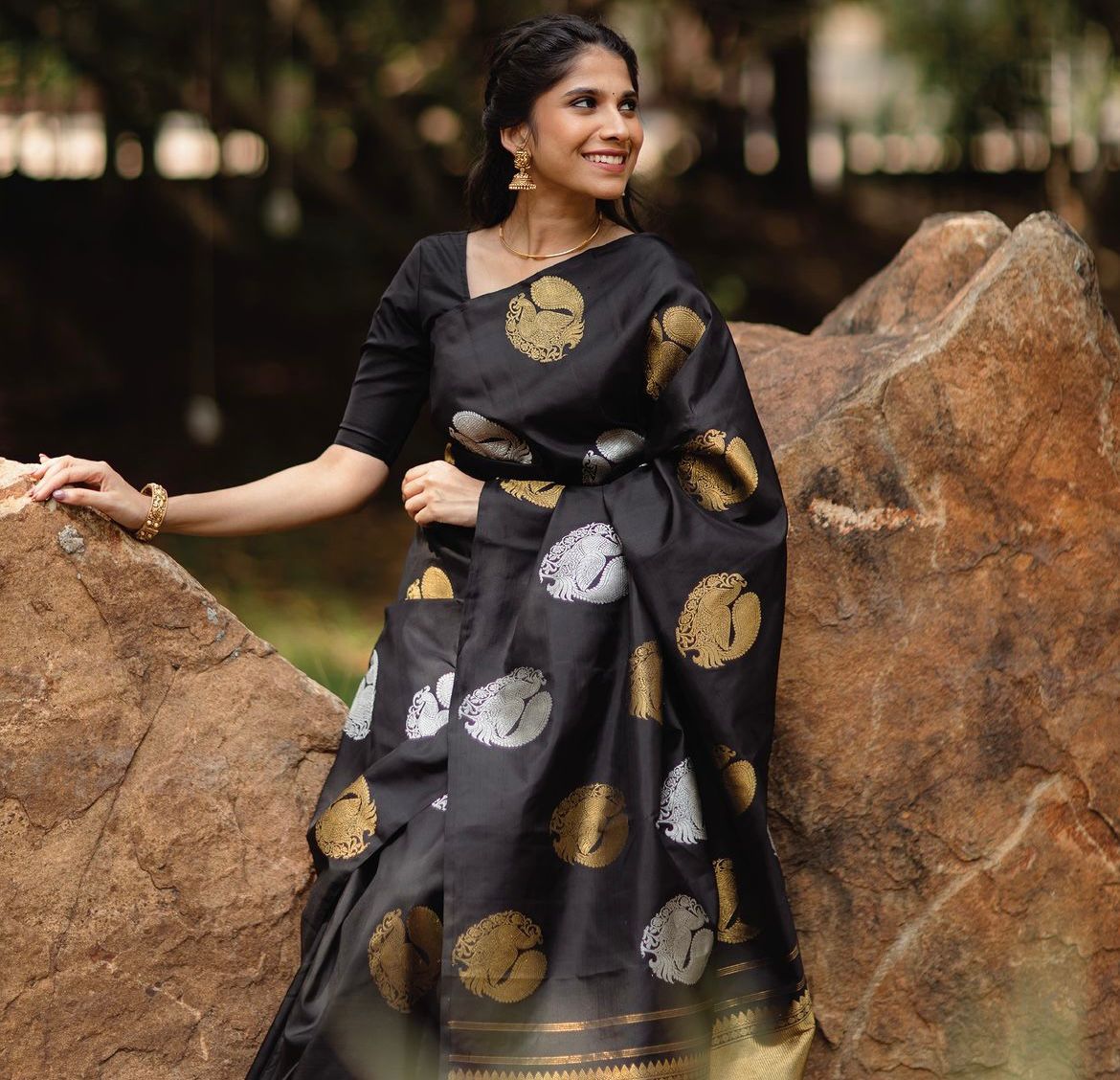 Efflorescence Black Soft Silk Saree With Epiphany Blouse Piece