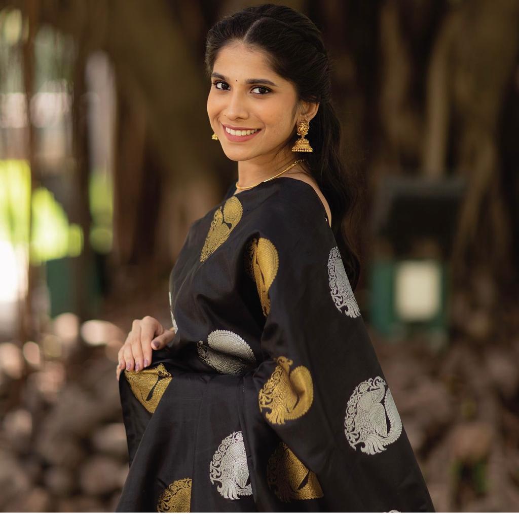 Efflorescence Black Soft Silk Saree With Epiphany Blouse Piece