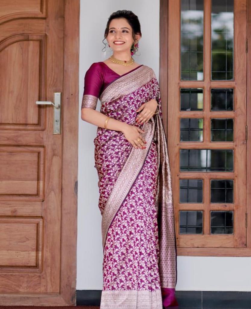 Sensational Purple Soft Silk Saree With Dalliance Blouse Piece