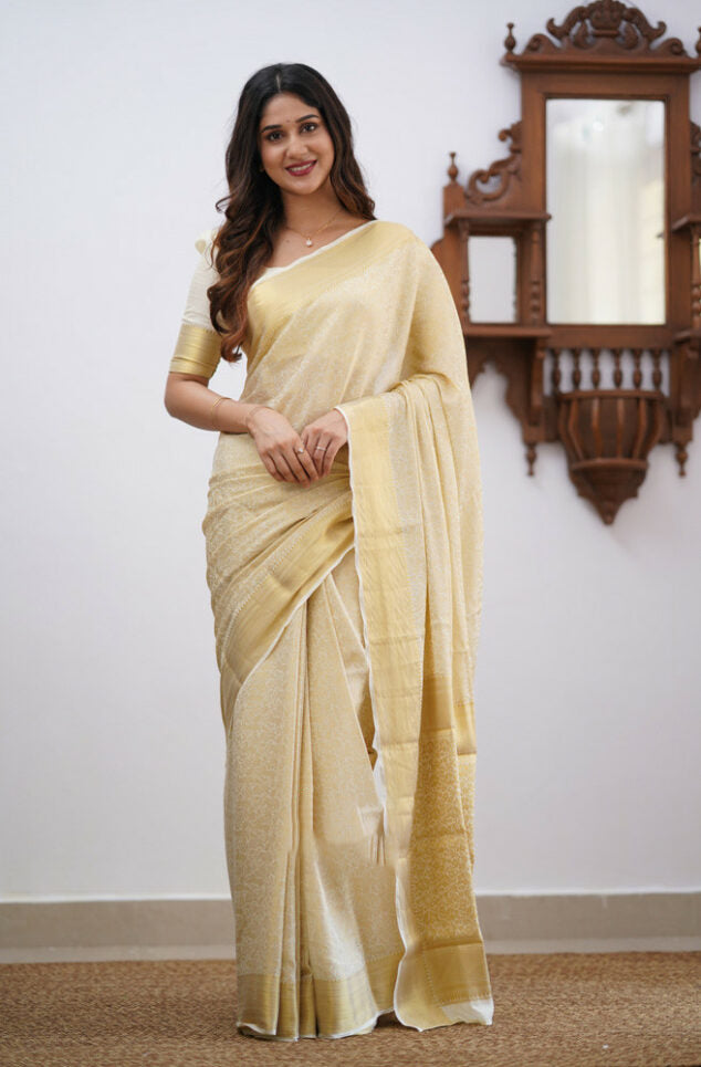 Elegant Beige Soft Silk Saree With Conflate Blouse Piece