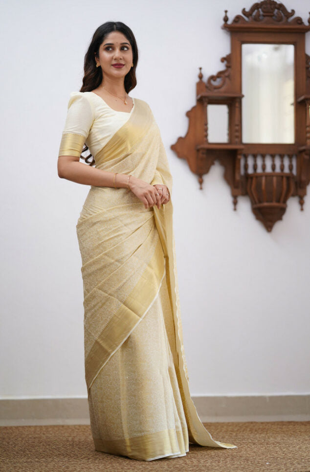 Elegant Beige Soft Silk Saree With Conflate Blouse Piece