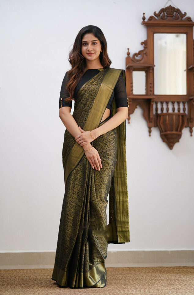 Trendy Black Soft Silk Saree With Chatoyant Blouse Piece