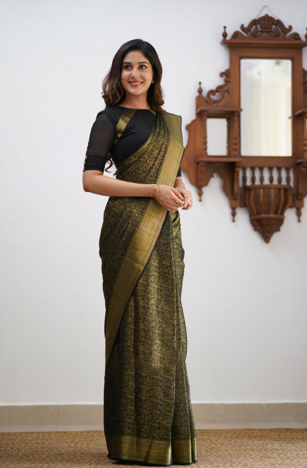 Trendy Black Soft Silk Saree With Chatoyant Blouse Piece