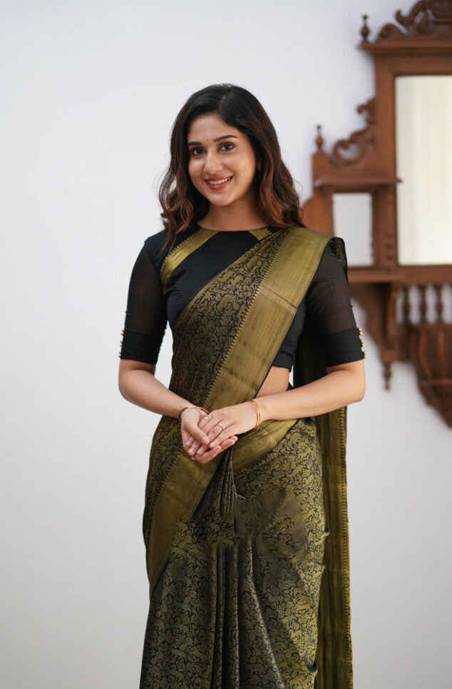 Trendy Black Soft Silk Saree With Chatoyant Blouse Piece