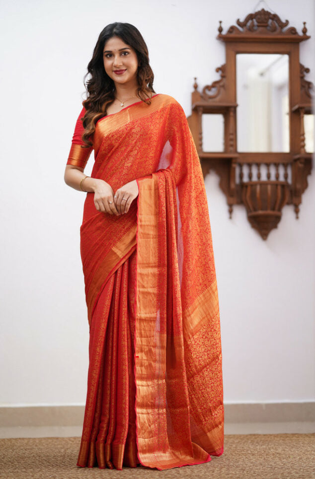 Ethereal Red Soft Silk Saree With Bucolic Blouse Piece