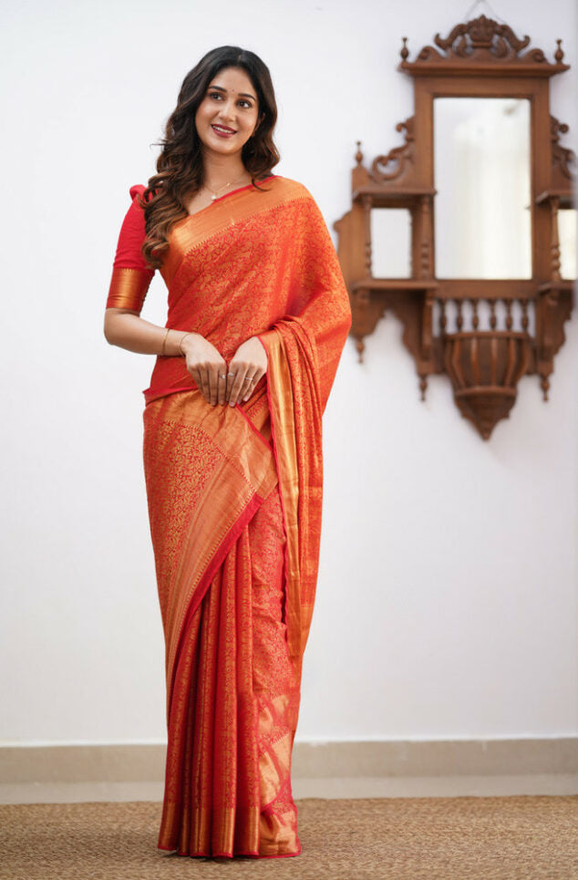 Ethereal Red Soft Silk Saree With Bucolic Blouse Piece