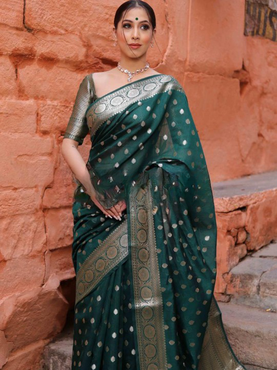 Whimsical Green Soft Silk Saree With Ailurophile Blouse Piece