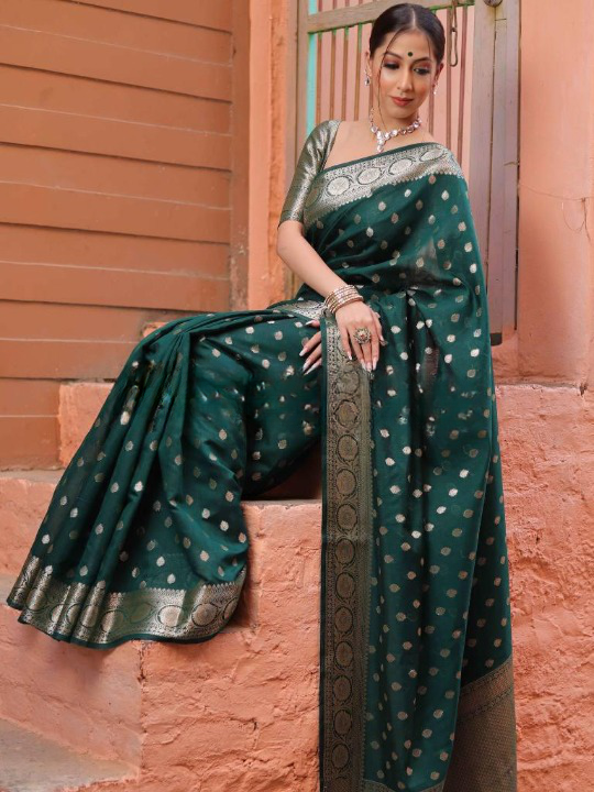 Whimsical Green Soft Silk Saree With Ailurophile Blouse Piece