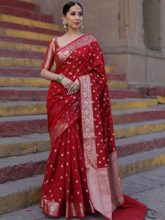 Elaborate Red Soft Silk Saree With Enticing Blouse Piece