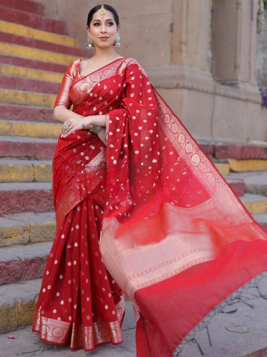 Elaborate Red Soft Silk Saree With Enticing Blouse Piece