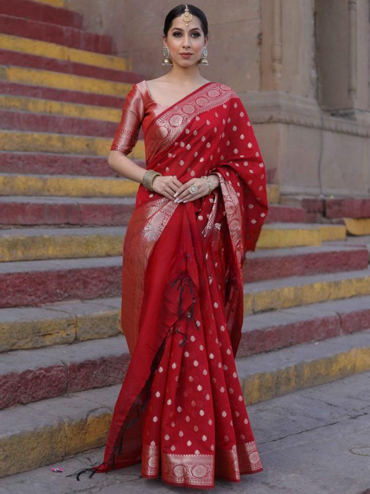 Elaborate Red Soft Silk Saree With Enticing Blouse Piece