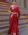 Elaborate Red Soft Silk Saree With Enticing Blouse Piece