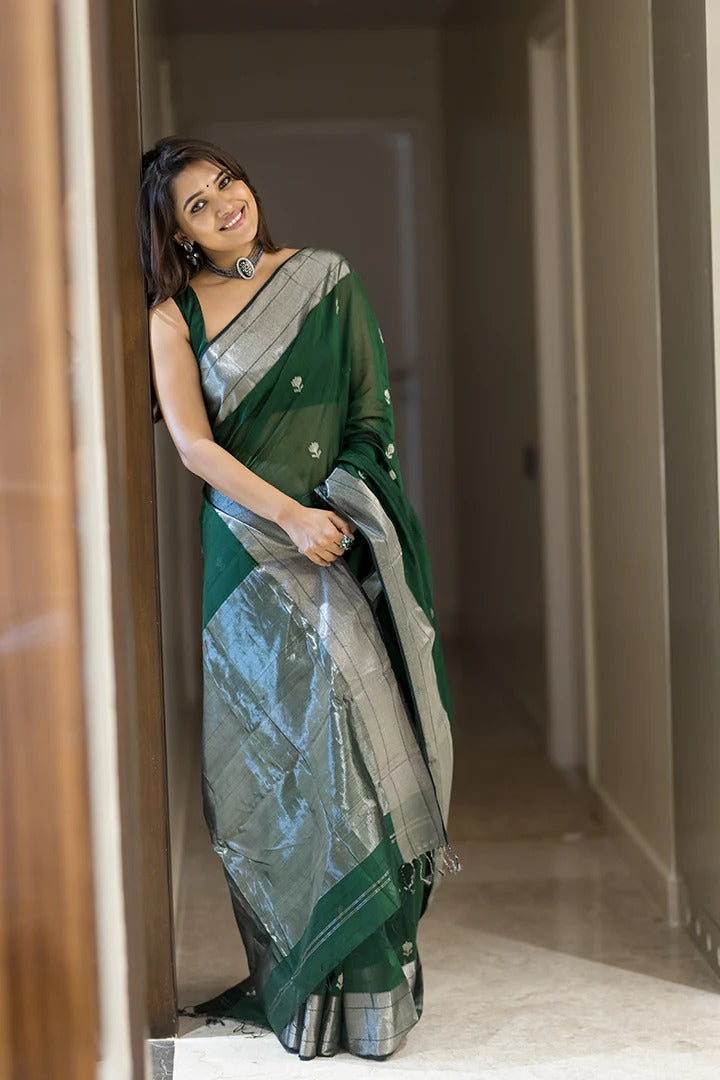 Sumptuous Green Cotton Silk Saree With Angelic Blouse Piece