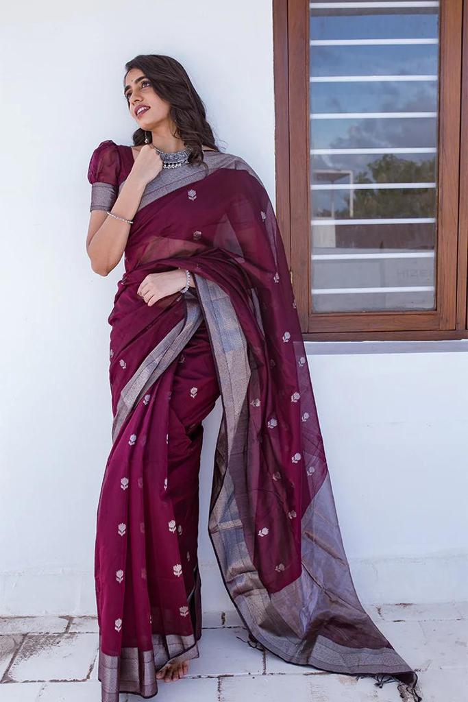 Panoply Wine Cotton Silk Saree With Ideal Blouse Piece