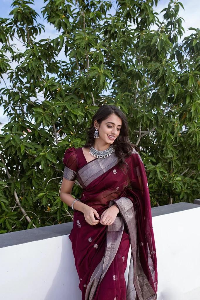 Panoply Wine Cotton Silk Saree With Ideal Blouse Piece