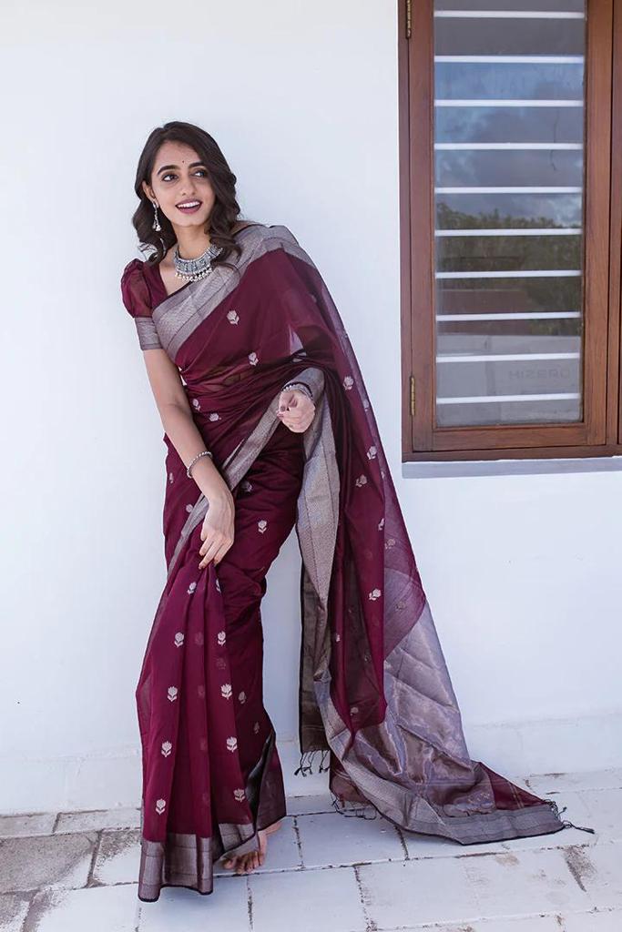 Panoply Wine Cotton Silk Saree With Ideal Blouse Piece