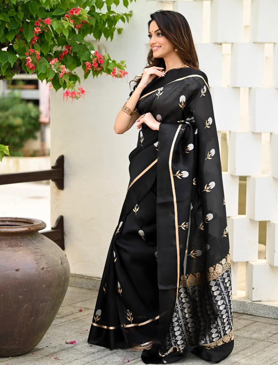 Confounding Black Soft Silk Saree With Fragrant Blouse Piece