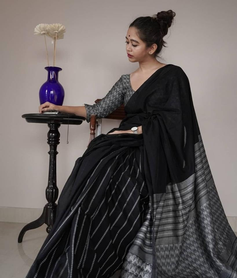 Moiety Black Soft Silk Saree With Traditional Blouse Piece