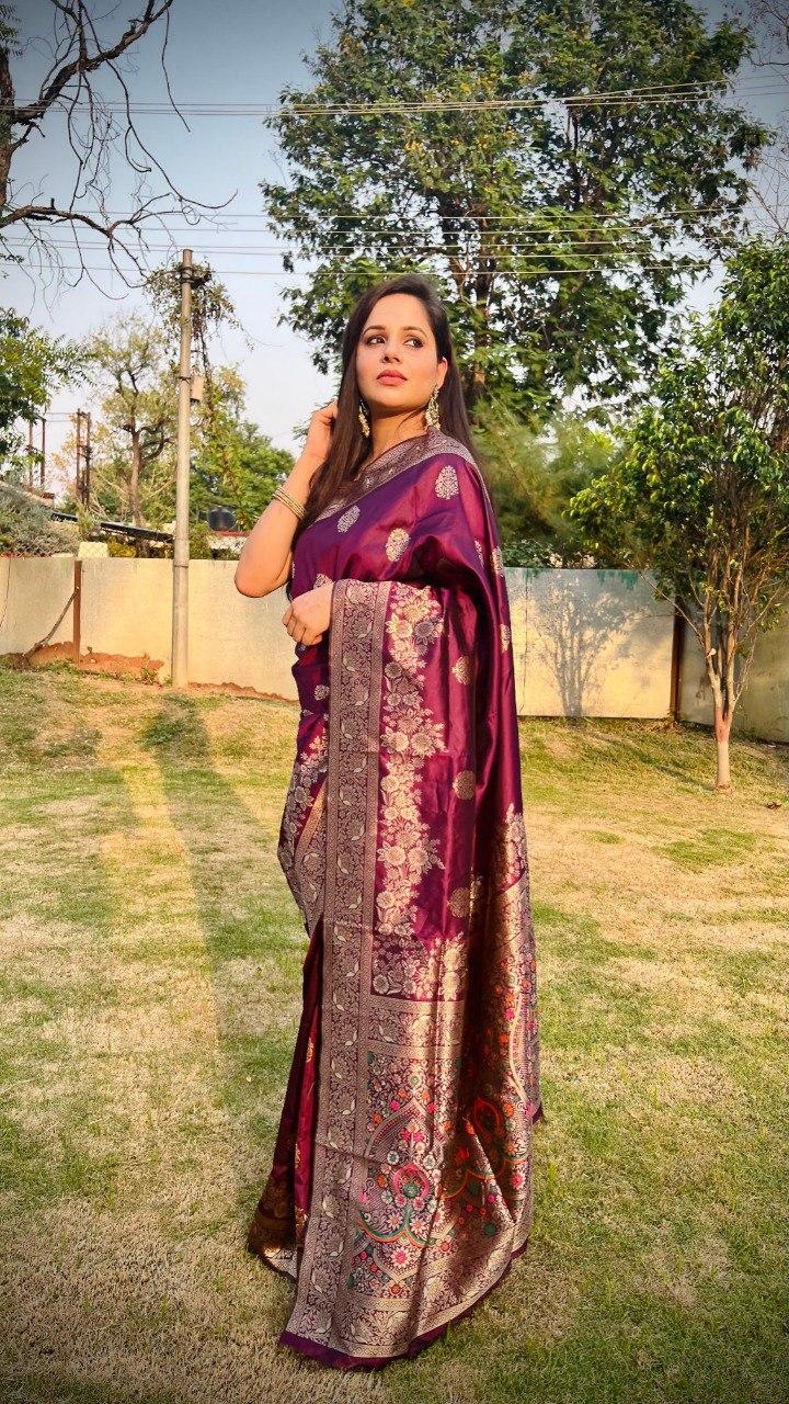 Gorgeous Wine Soft Silk Saree With Nebula Blouse Piece