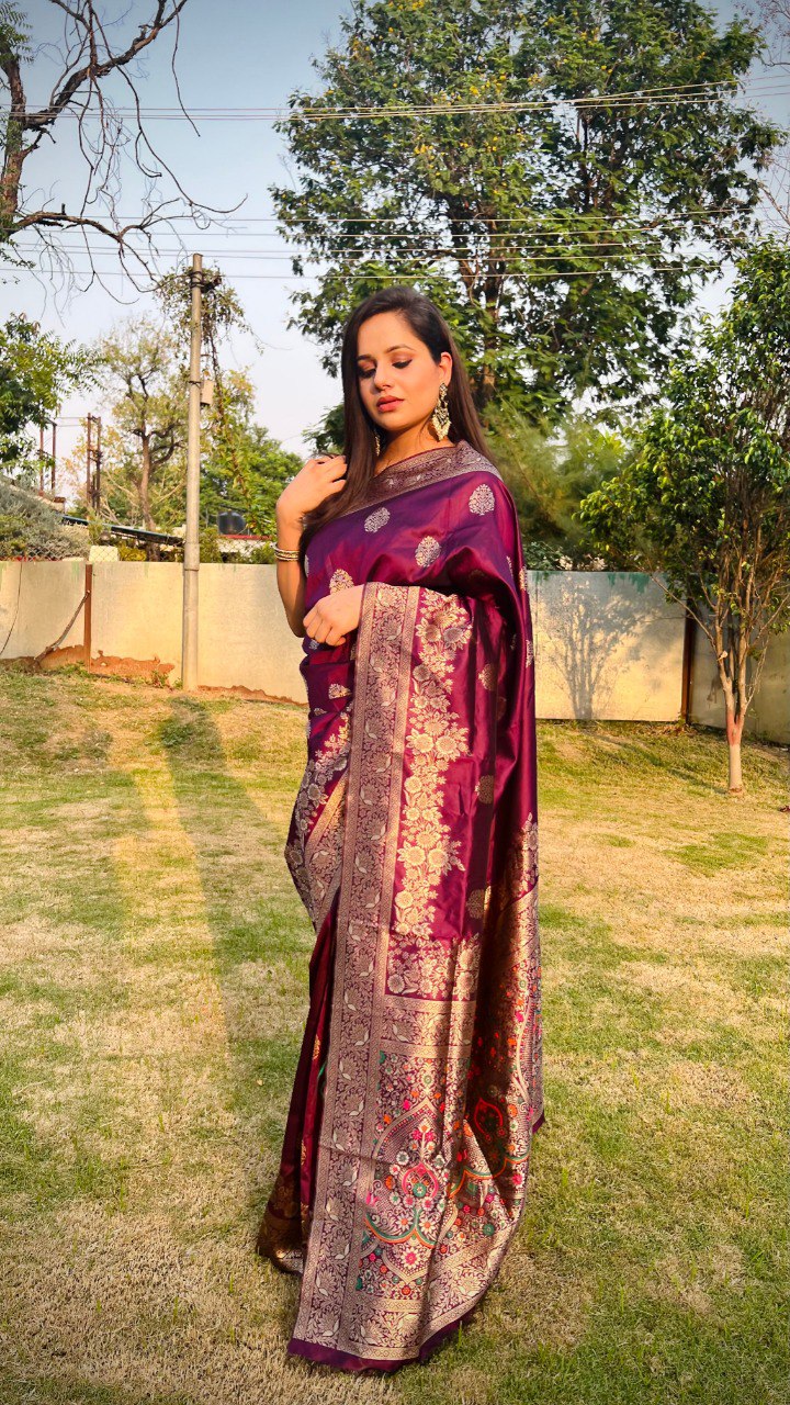 Gorgeous Wine Soft Silk Saree With Nebula Blouse Piece