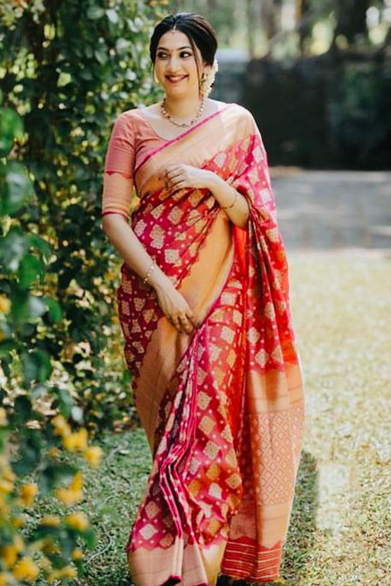 Trendy Red Soft Silk Saree With Grandiose Blouse Piece