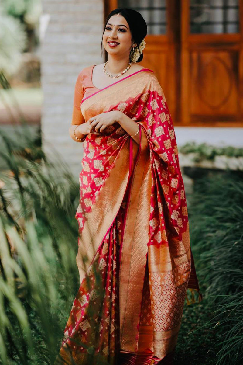 Trendy Red Soft Silk Saree With Grandiose Blouse Piece