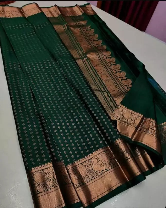 Traditional Dark Green Soft Silk Saree With Epiphany Blouse Piece