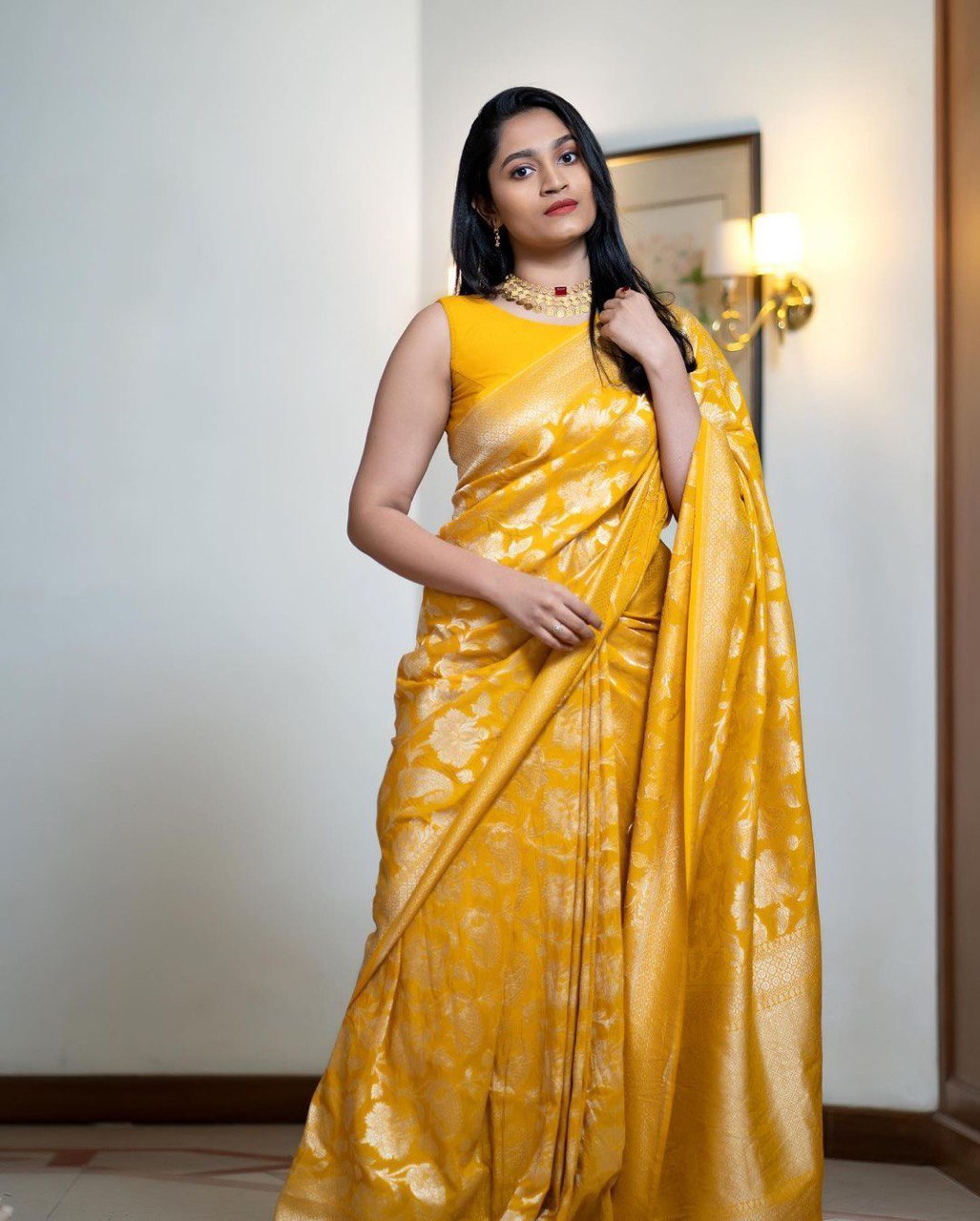 Twirling Yellow Soft Silk Saree With Twirling Blouse Piece