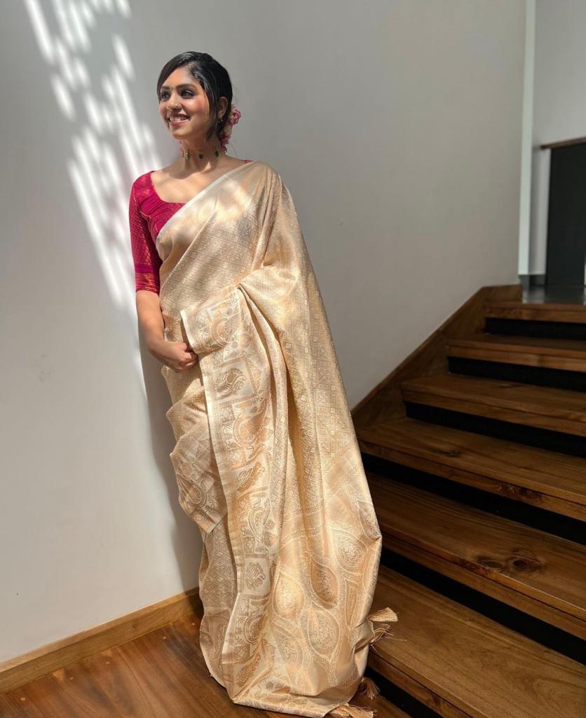 Blooming Beige Soft Silk Saree With Prettiest Blouse Piece