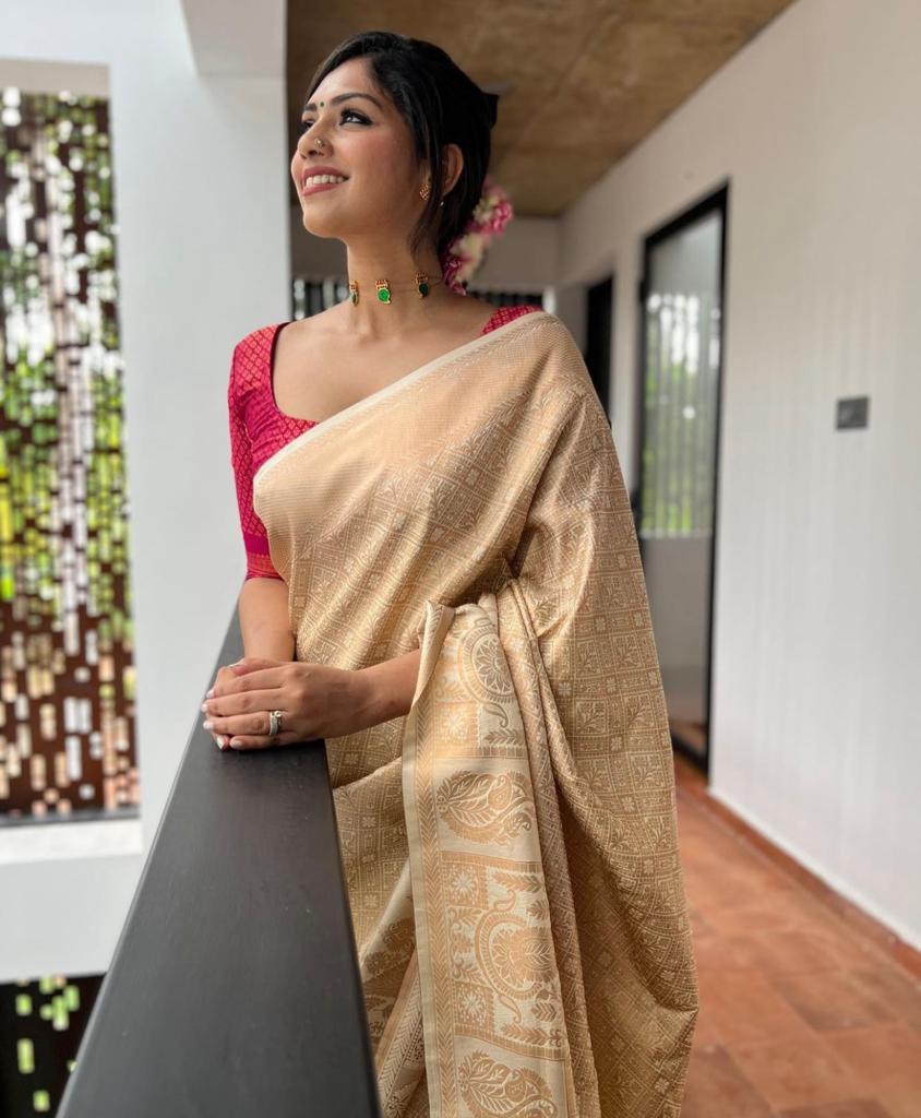 Blooming Beige Soft Silk Saree With Prettiest Blouse Piece