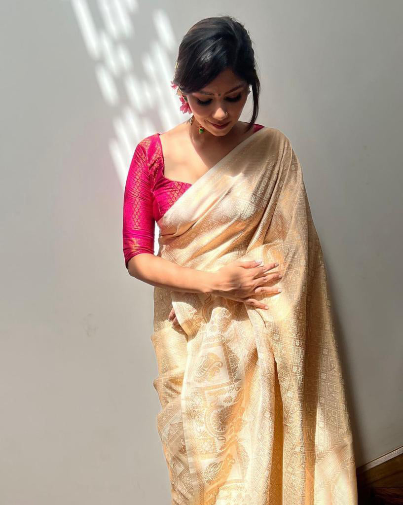 Blooming Beige Soft Silk Saree With Prettiest Blouse Piece