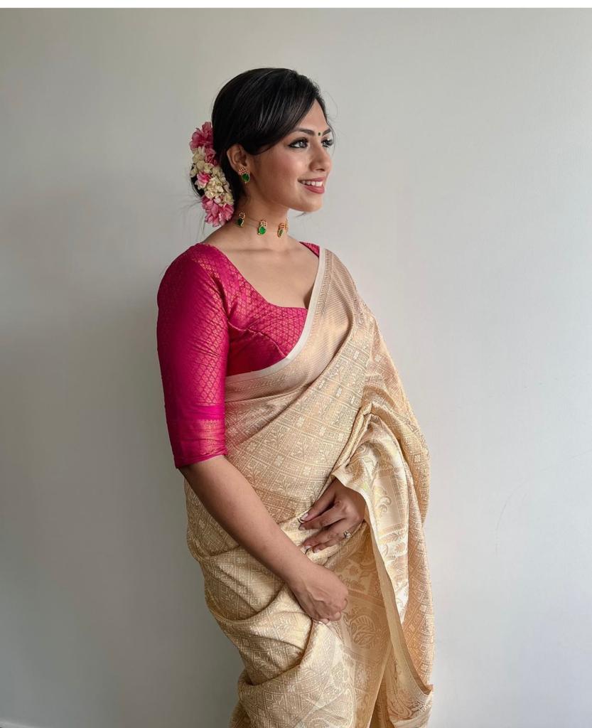 Blooming Beige Soft Silk Saree With Prettiest Blouse Piece