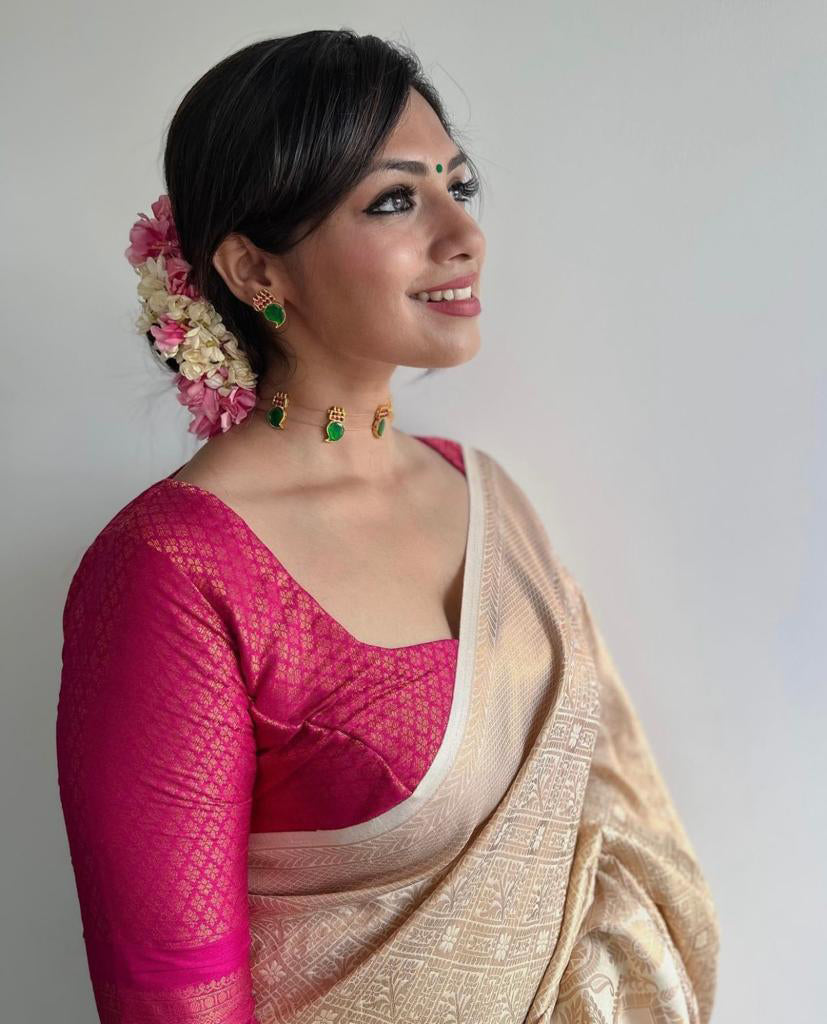 Blooming Beige Soft Silk Saree With Prettiest Blouse Piece