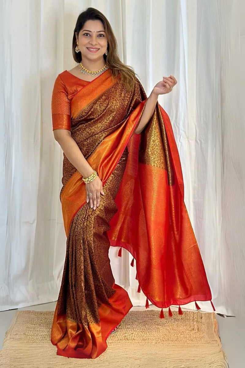 Snazzy Brown Soft Silk Saree With Adorable Blouse Piece